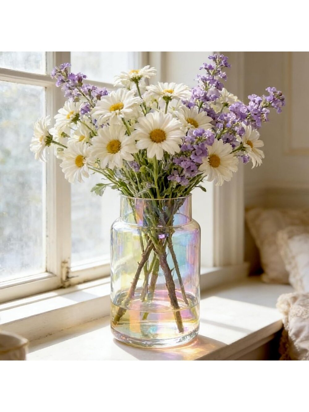 Iridescent Glass Flower Vase - 9 Inch Modern Decorative Centerpiece for Home